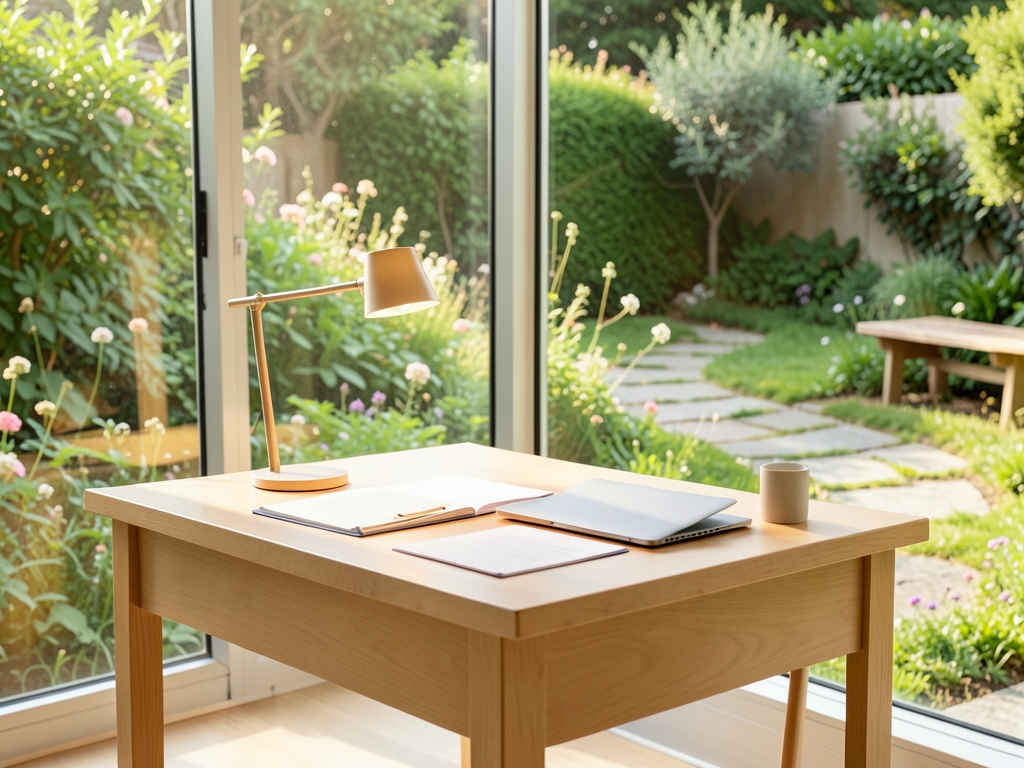 sunlit minimalist workspace with single clean wooden desk