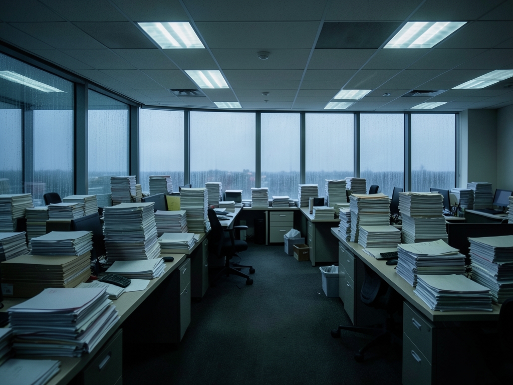 dimly open plan office dusk with towering stacks paper