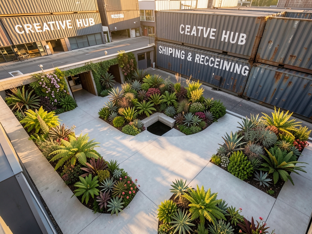 Aerial view hyper efficient design studio courtyard with geometric
