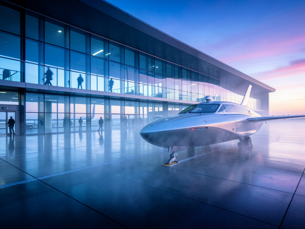 Sleek futuristic launch terminal bathed cool dawn light