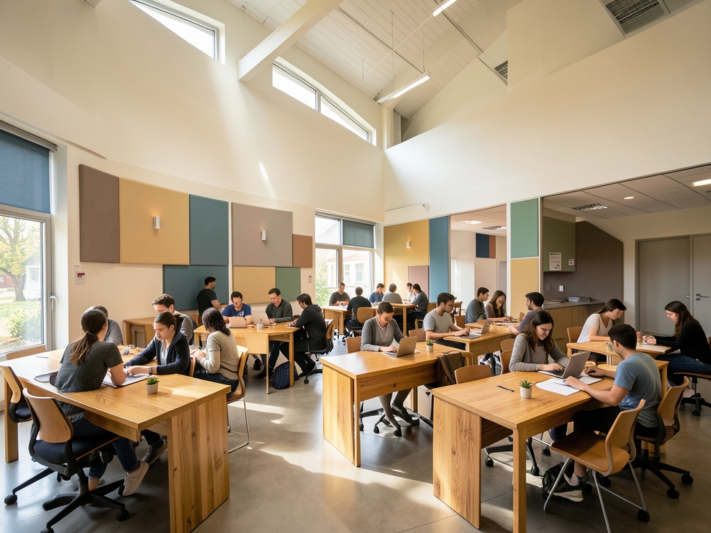Open plan learning with high ceilings warm ambient light