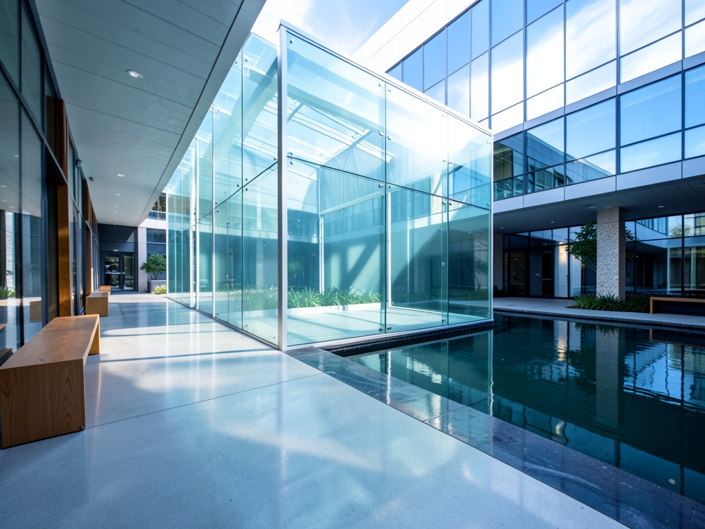 Sunlit corporate campus walkway with translucent glass pavilion
