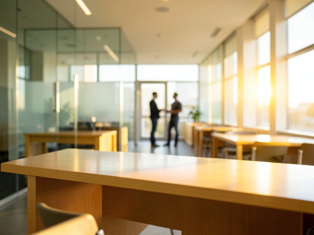 Sunlit modern office onboarding hall with light wood