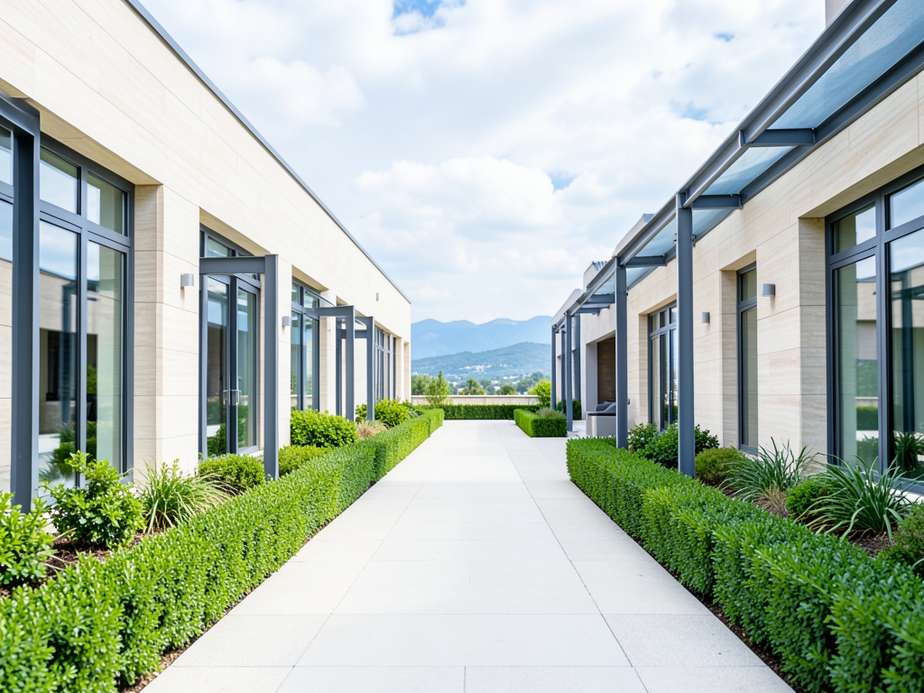 Bright open courtyard path between contemporary stone steel