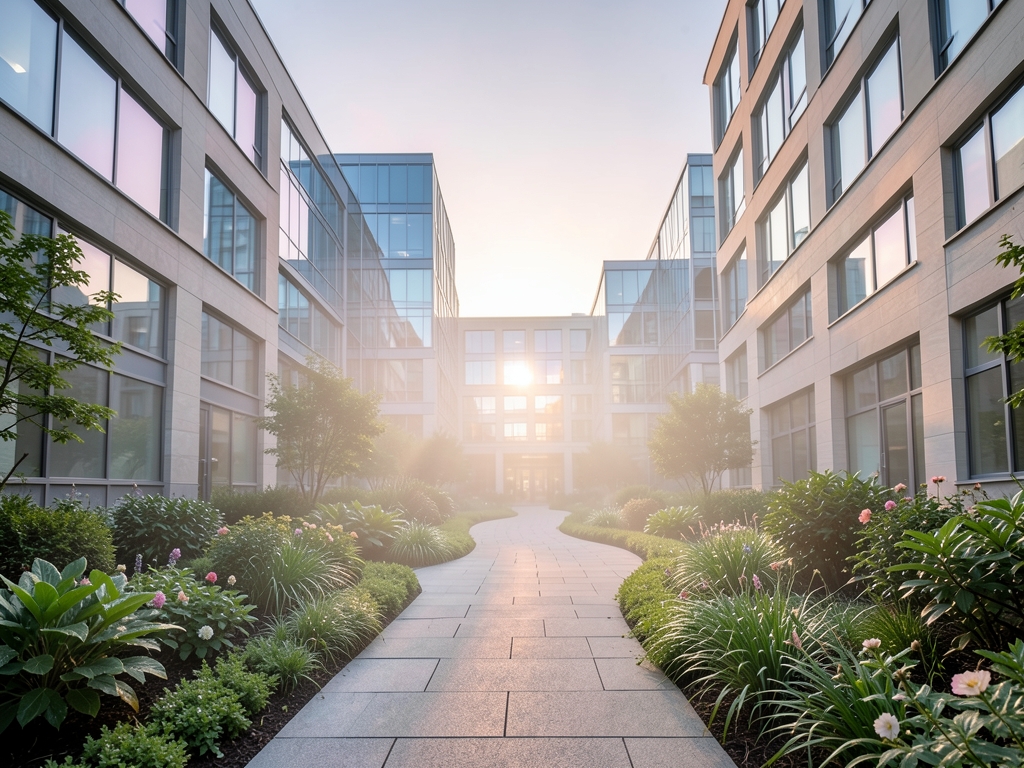Spacious modern office courtyard dawn with long winding