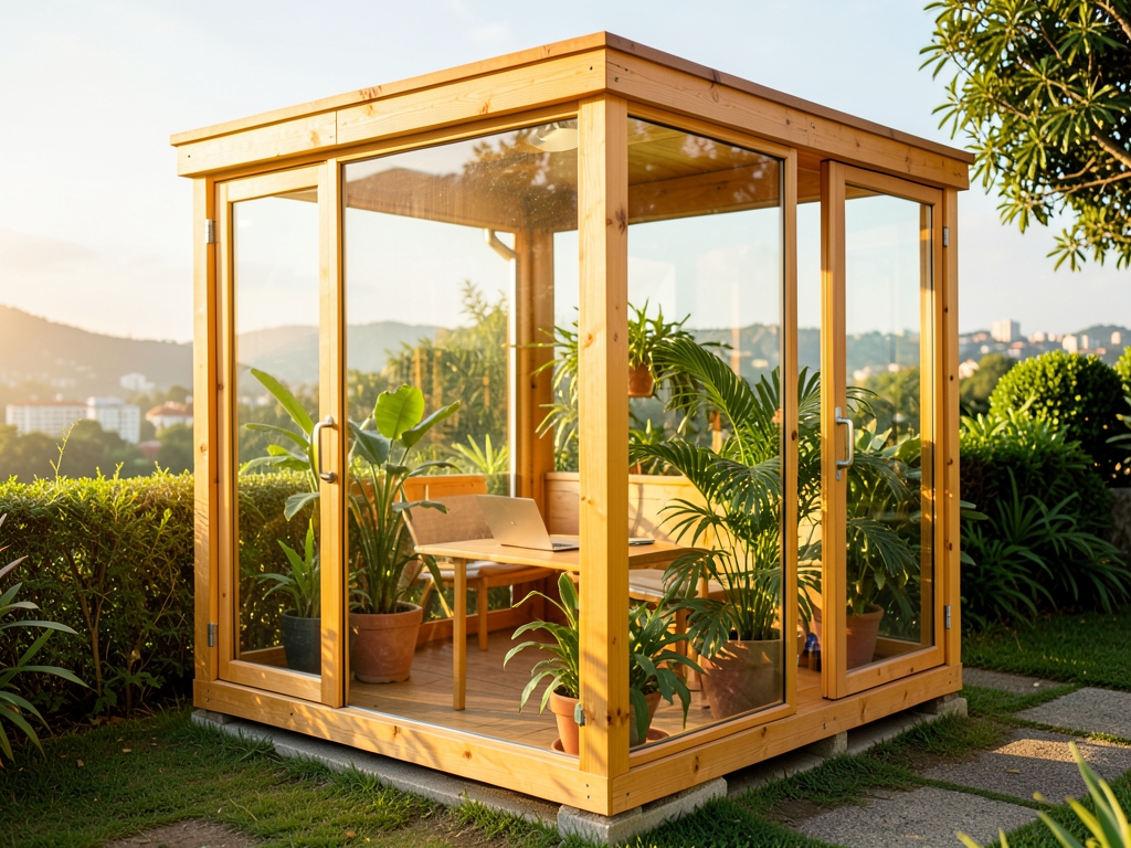 Bright small wooden coaching nook with glass walls