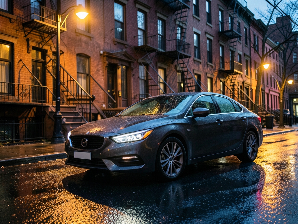 Rain glazed Brooklyn brownstone street twilight parked sedan under