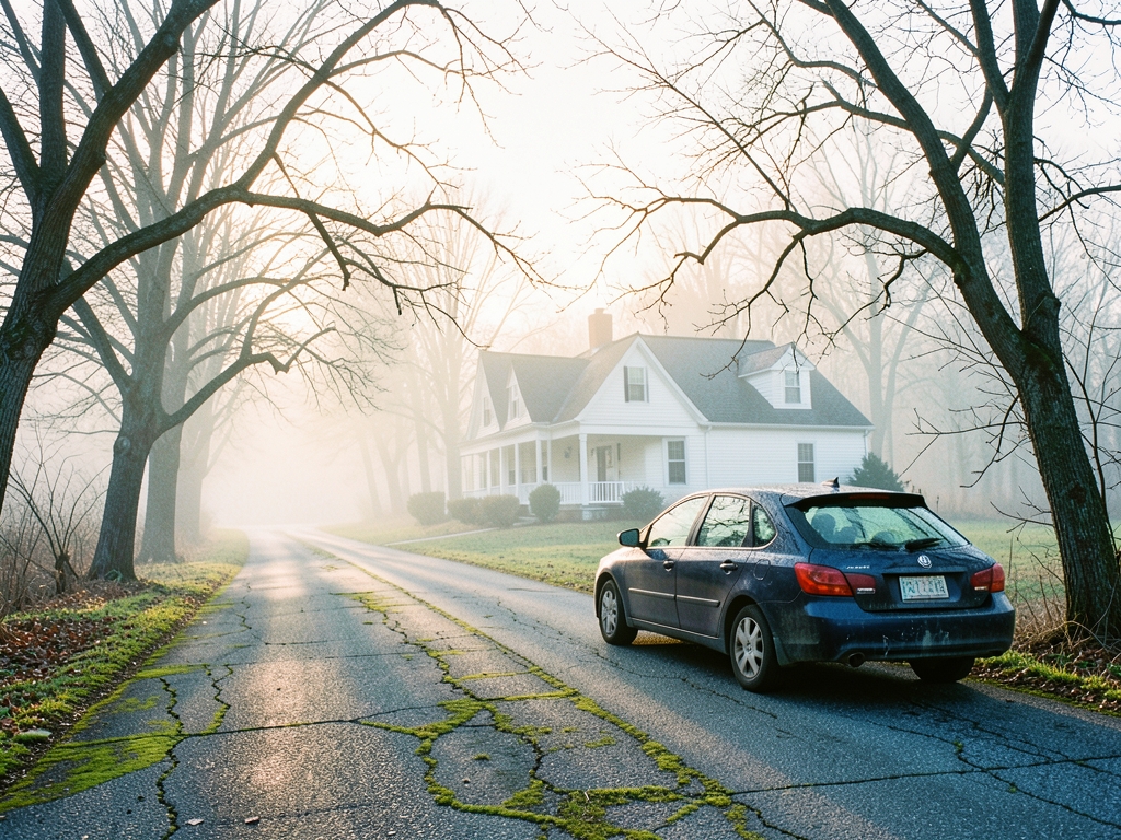 Foggy Hudson Valley driveway dawn compact beside modest