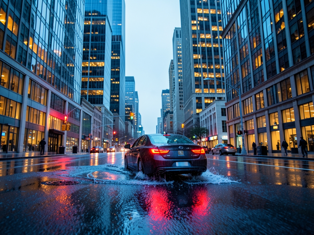 rain slicked Manhattan avenue dusk glass and steel towers glowing amber