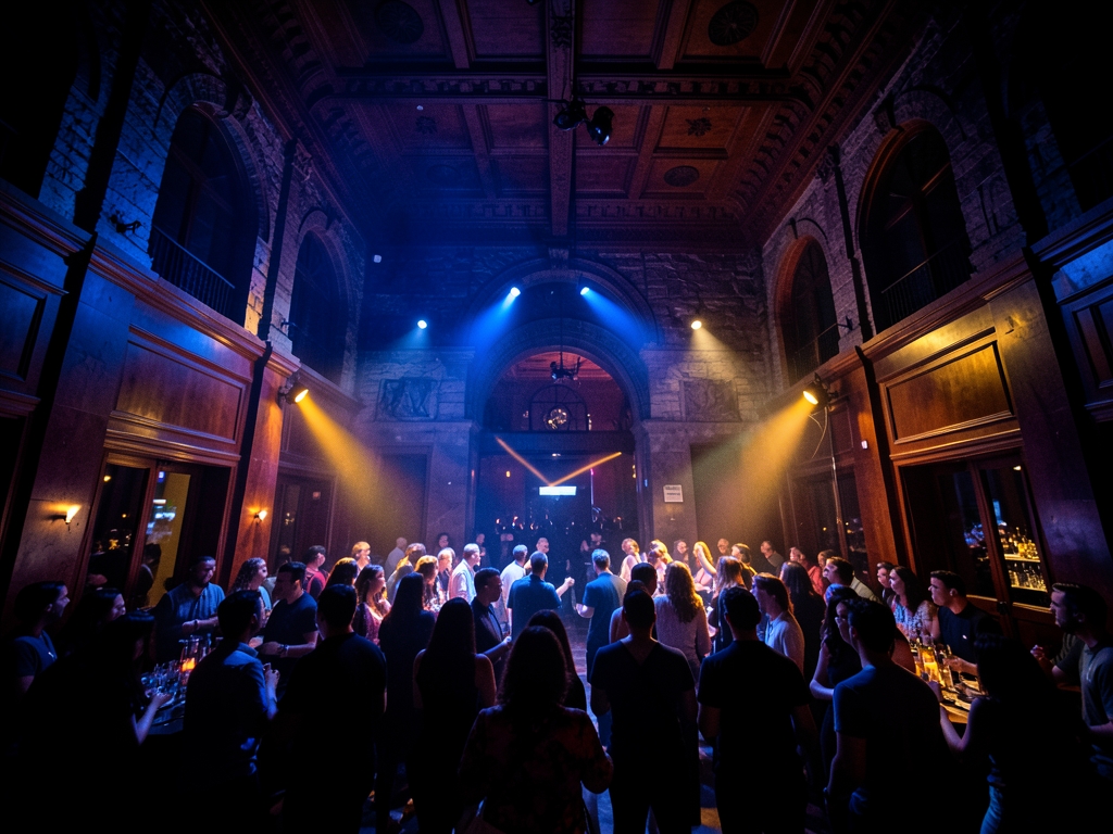 Luxurious dark downtown nightclub interior with high ceilings