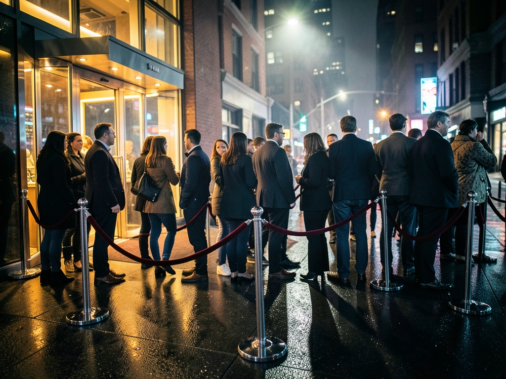 Nighttime Manhattan sidewalk queue behind velvet ropes outside
