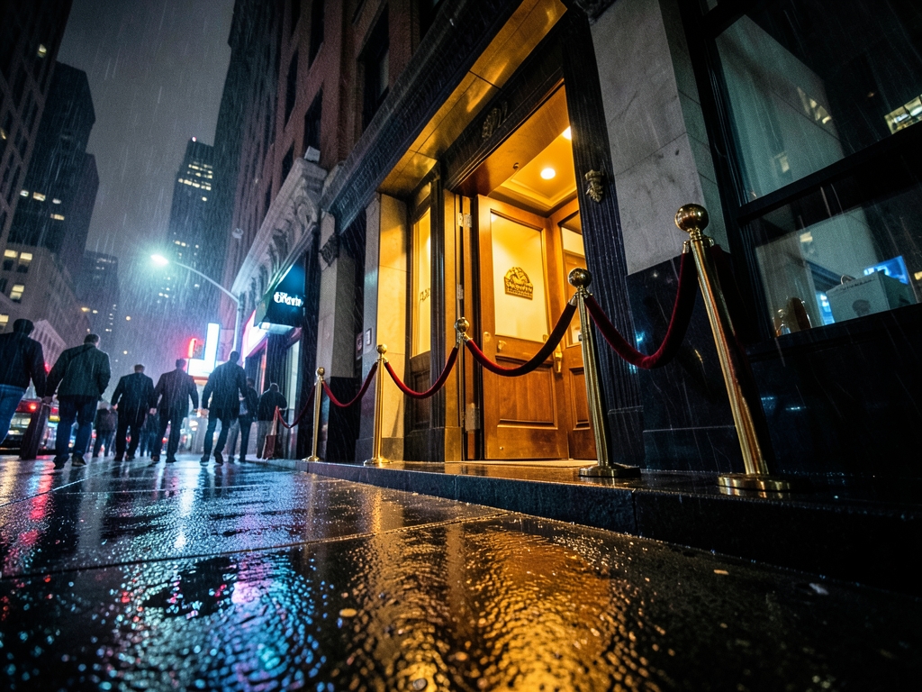 Nighttime Manhattan street outside exclusive club entrance with
