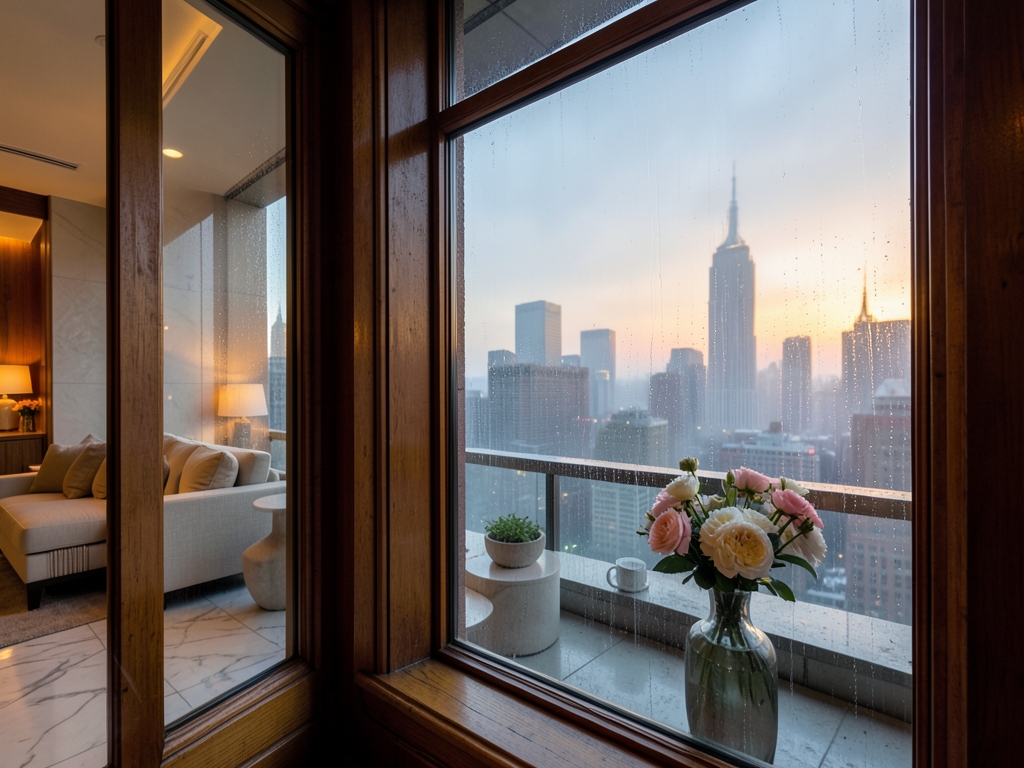 misty window overlooks rainy York skyline dusk framing