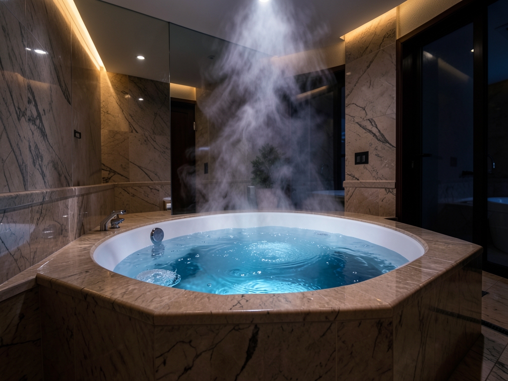 Steam rises from sunken dimly hotel suite reflecting