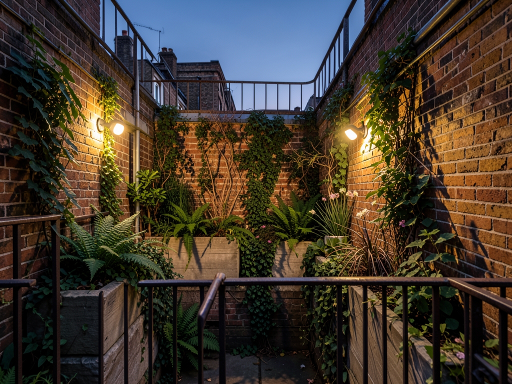 Moody twilight view hidden rooftop garden Chelsea featuring