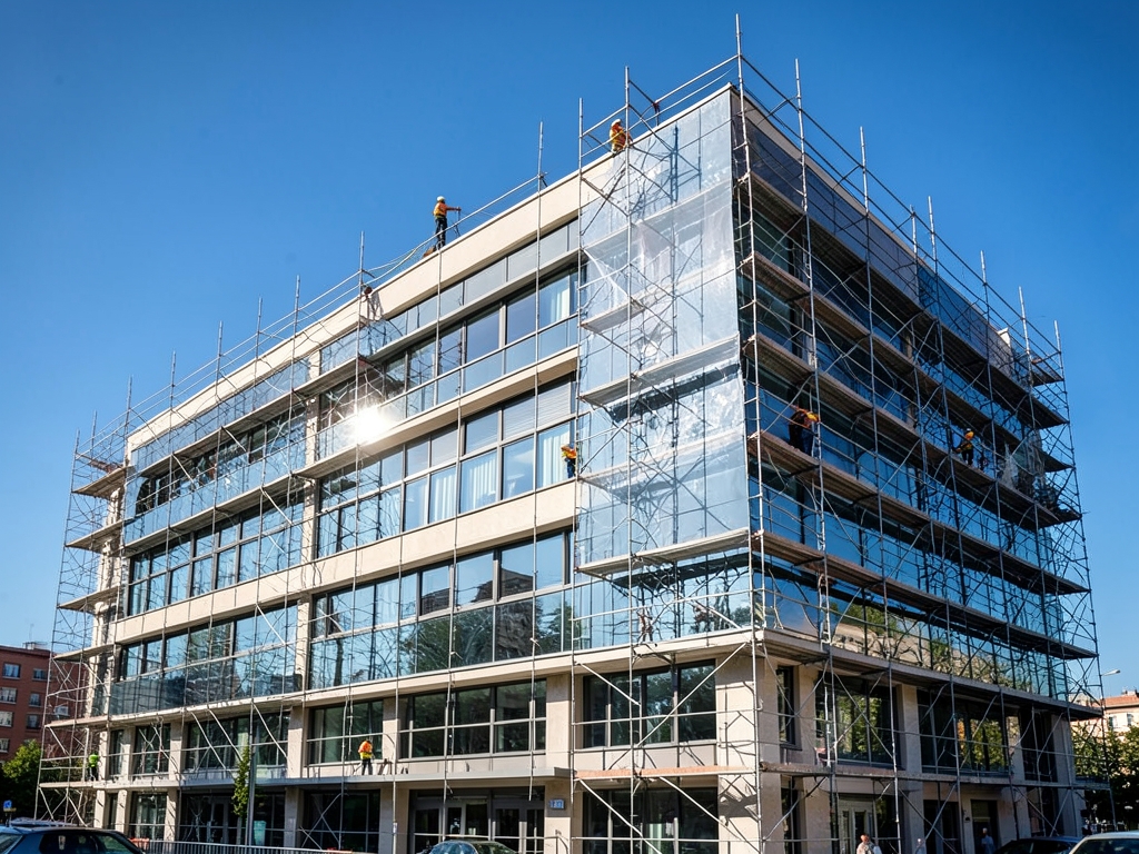 Modernized mid century office building wrapped scaffolding reflective retrofit