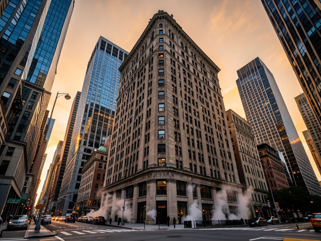 Aging Manhattan office tower with darkened windows steam
