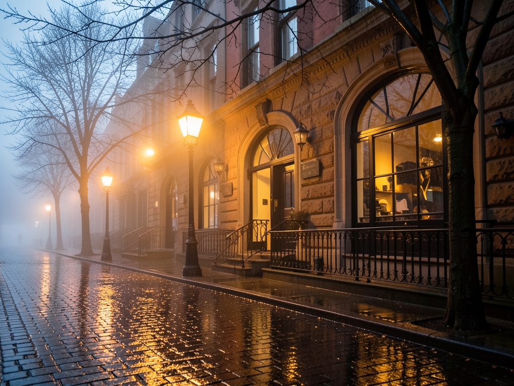 Rain slicked cobblestones reflect warm glow streetlamps outside upscale