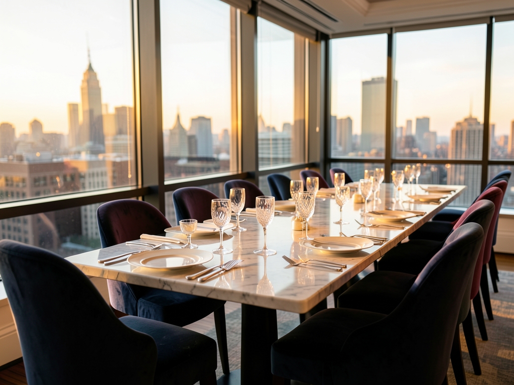 Golden hour light filters through floor to ceiling windows sleek