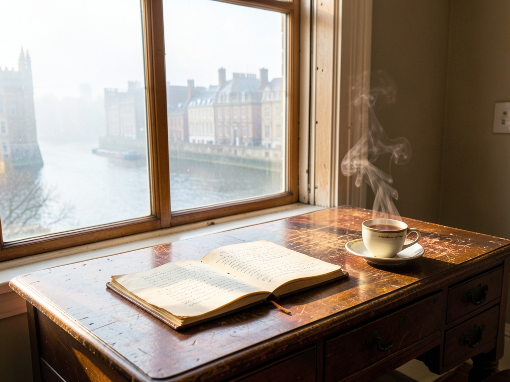 vintage wooden desk sunlit London study holds open