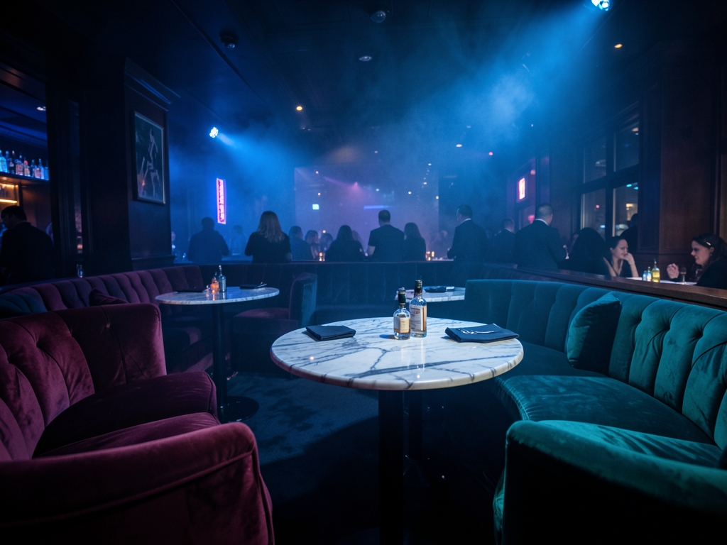 Low lit luxurious downtown York nightclub interior with marble