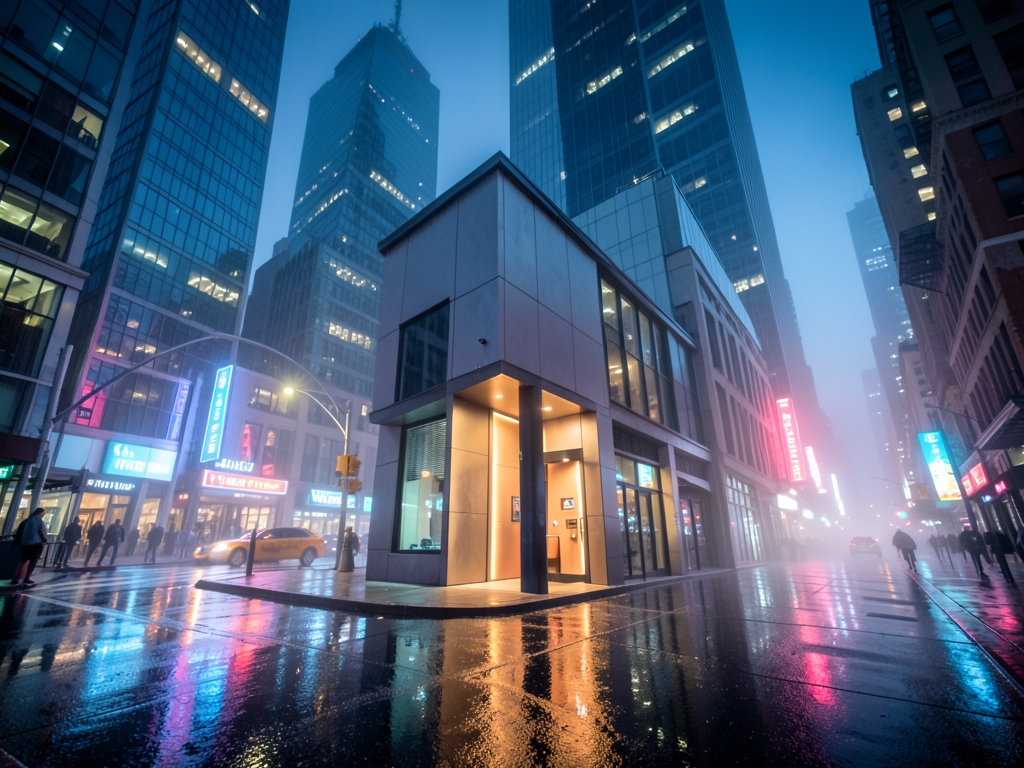 Manhattan street night outside modern club facade with
