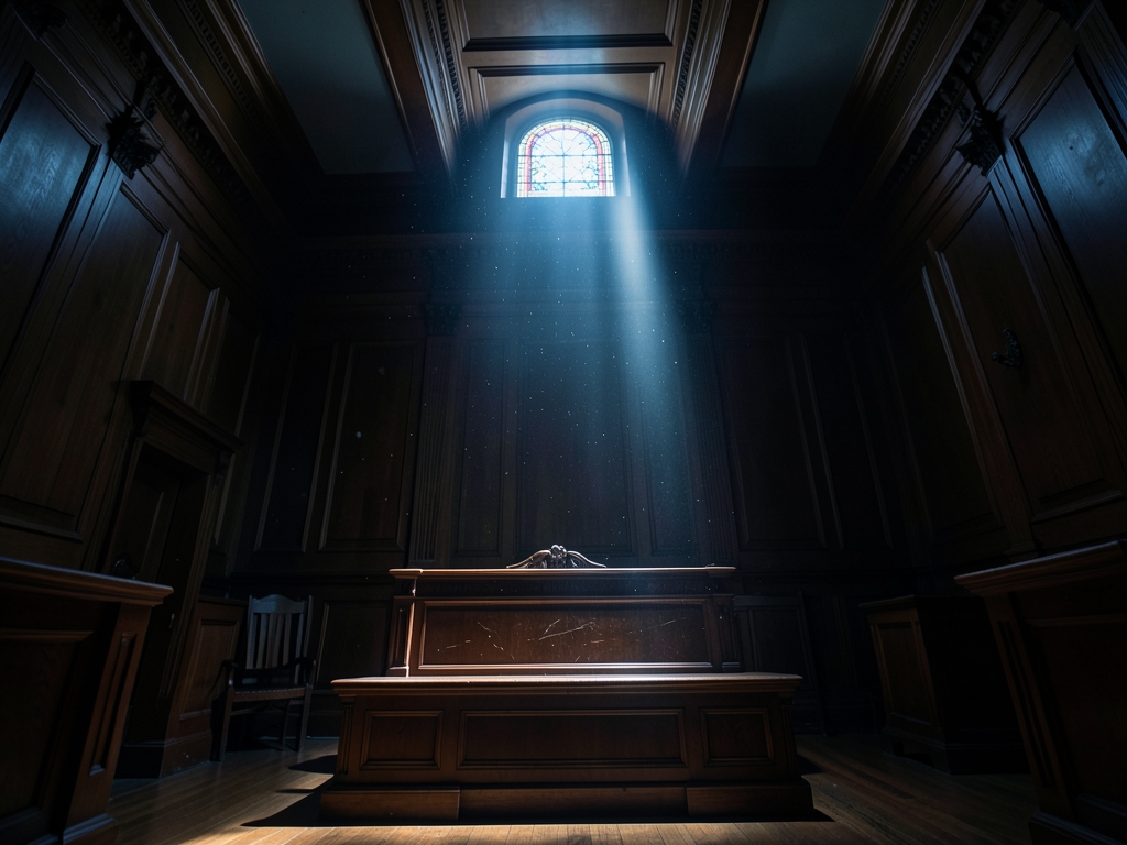 dimly courtroom with heavy paneling dust motes dancing