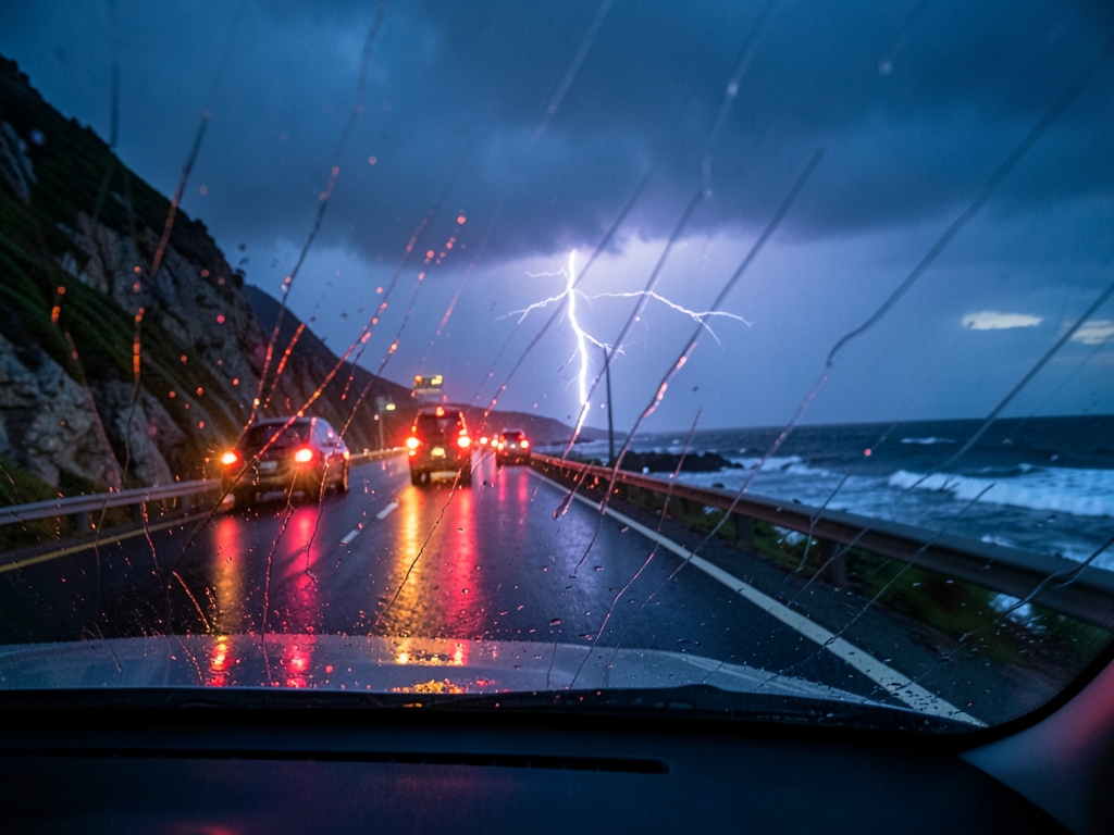 stormy coastal highway dusk where rain streaks against
