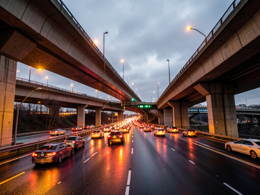 Rain slicked Jersey Turnpike dusk dense streams headlights taillights