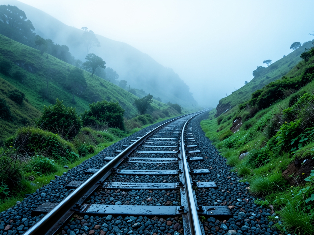 Misty highland railway winding through green hills dawn