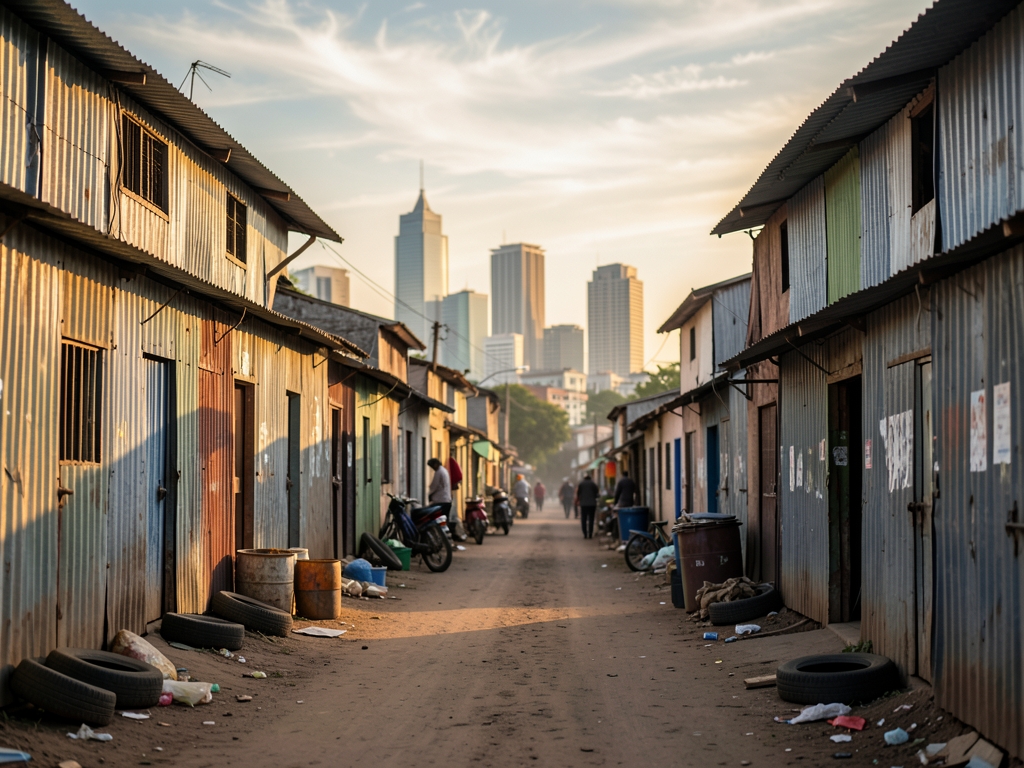 Dusty Nairobi side street golden hour with corrugated