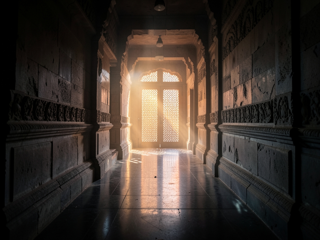 dimly stone corridor South Indian hospital courtyard warm