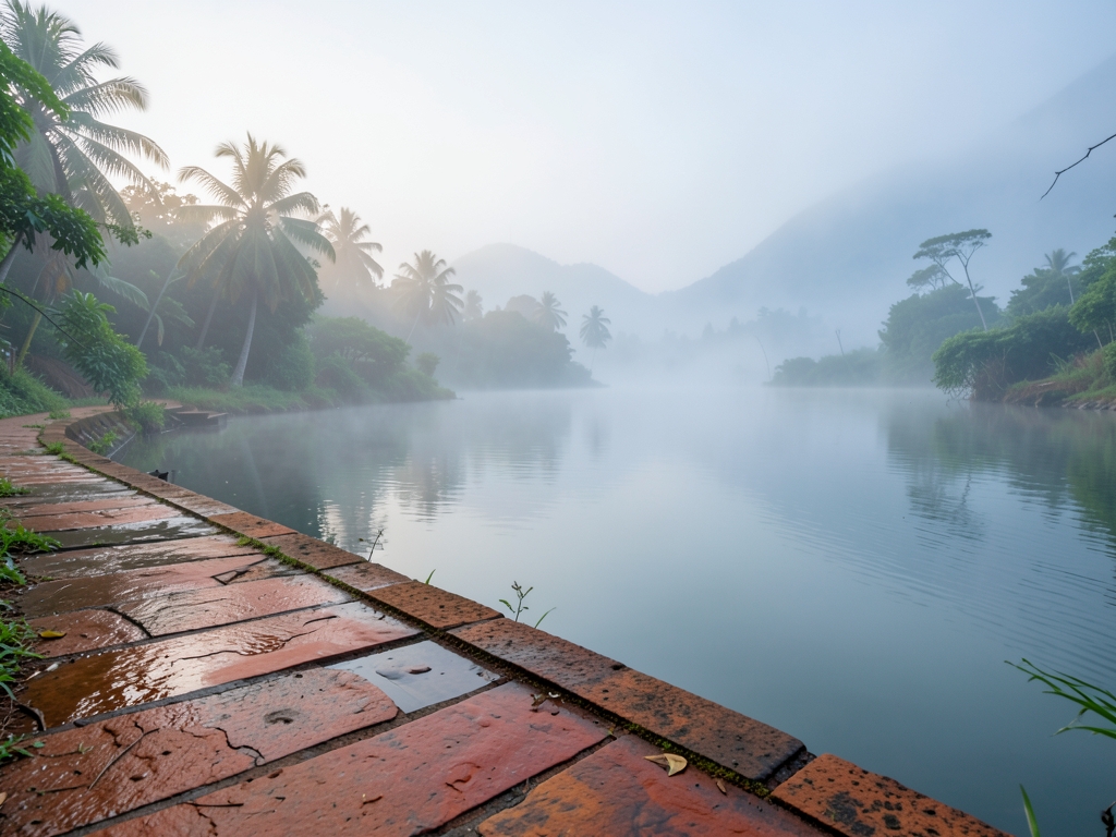misty tropical dawn over calm bay soft grey