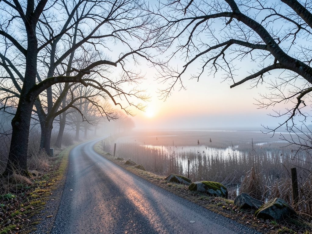 winding rural Jersey road dawn lifting over flat