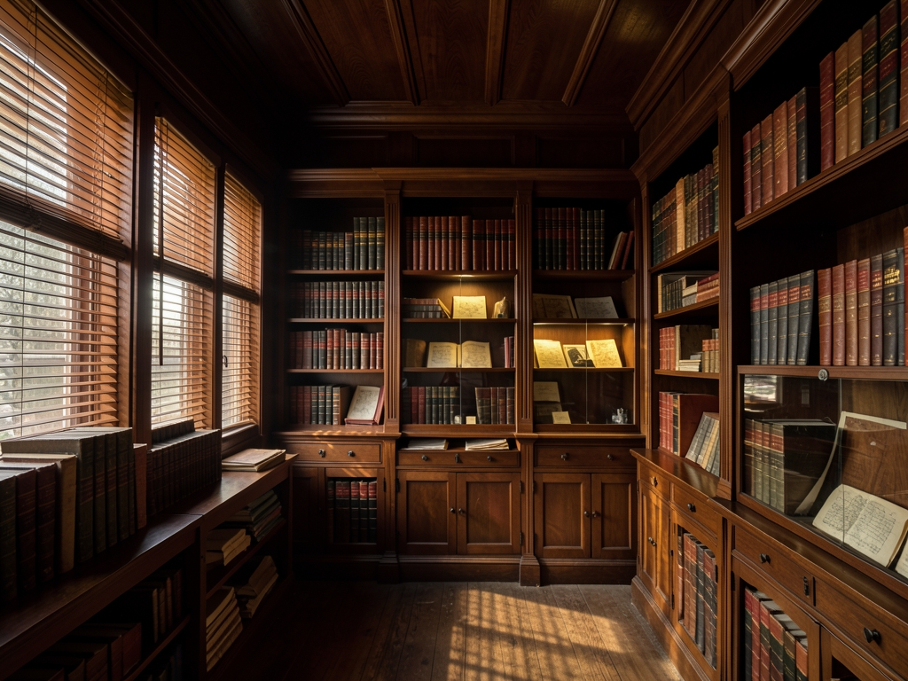 dimly wood paneled archive room with amber afternoon light