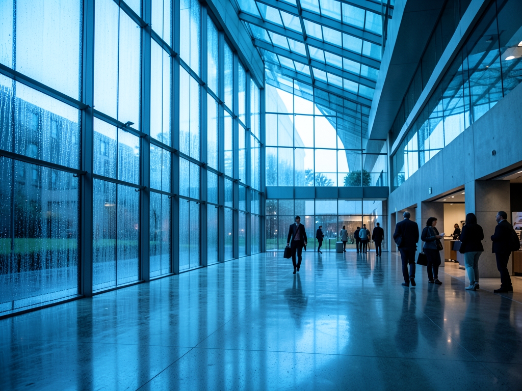 vast modern glass atrium flooded with cool blue