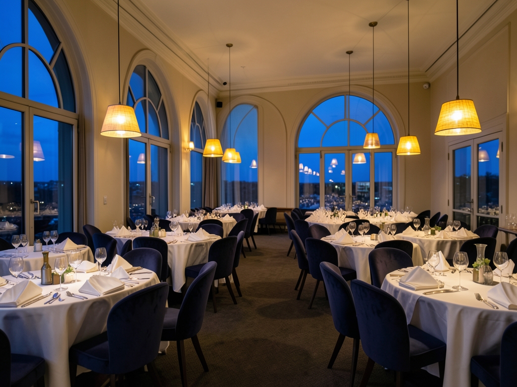 Vast empty fine dining room dusk rows dressed tables