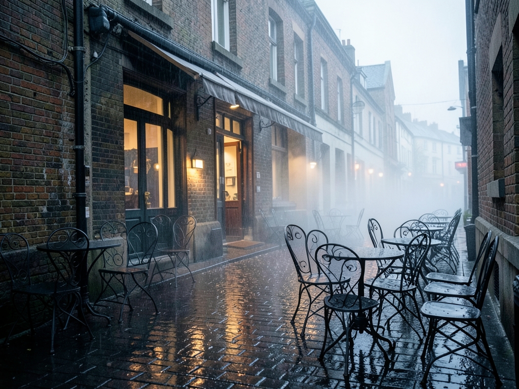 Rain slicked city street outside shuttered bistro dawn vacant
