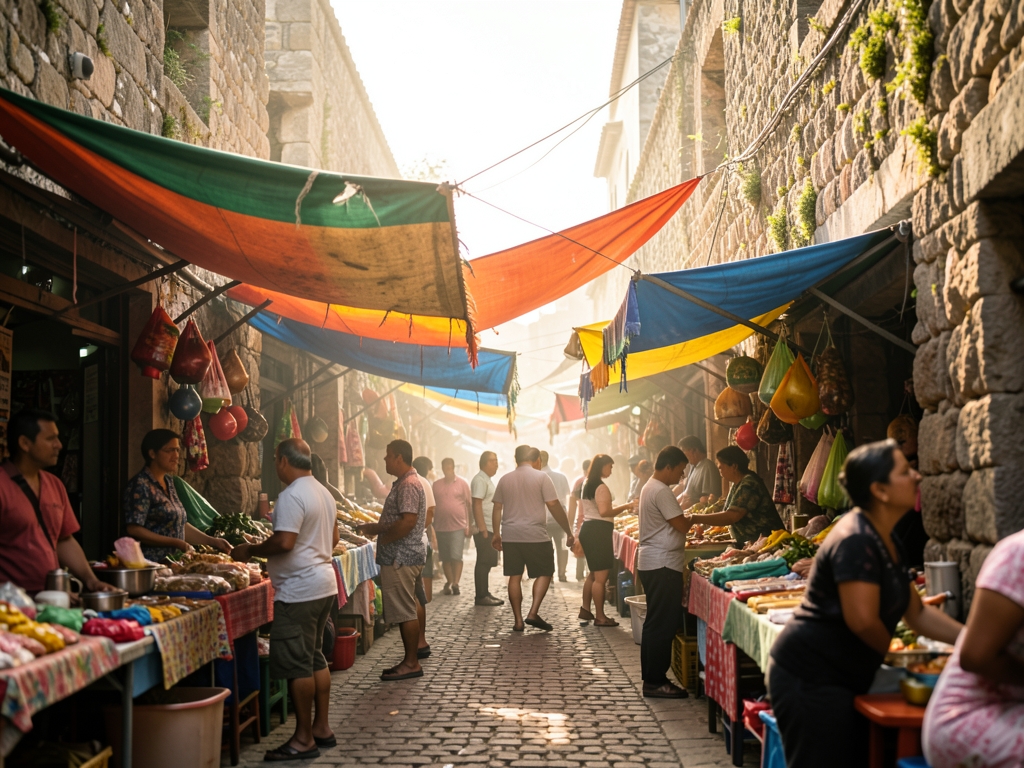 Bustling open air market lane with weathered stone walls