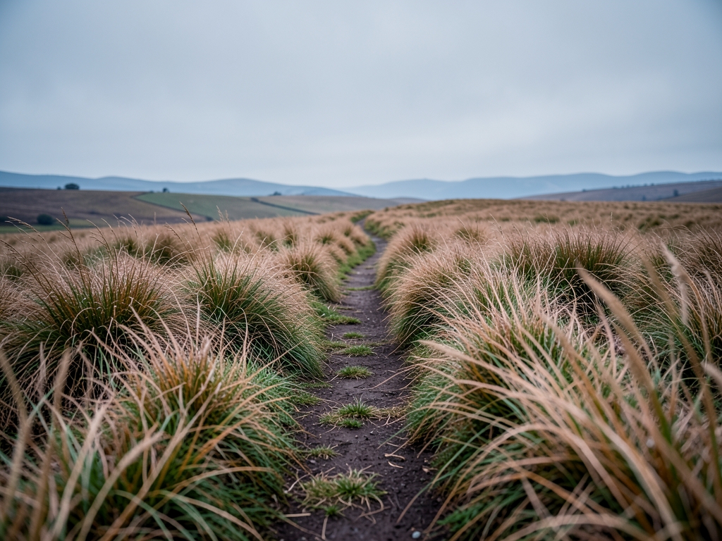 Wind swept rural field path with tall grass distant