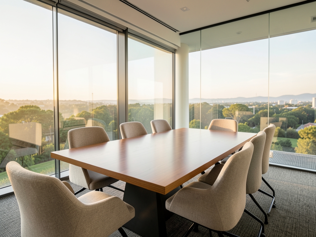 Modern glass walled meeting room with wooden table soft