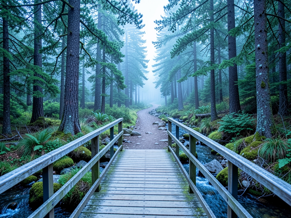 Forked valley trail dawn with short bright footbridge
