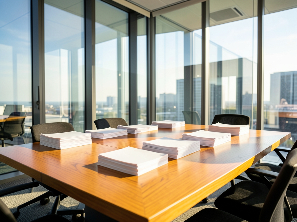 Sunlit modern conference room with glass walls table