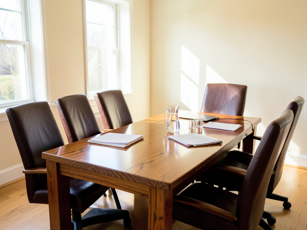 Sunlit nonprofit boardroom with long table pale walls