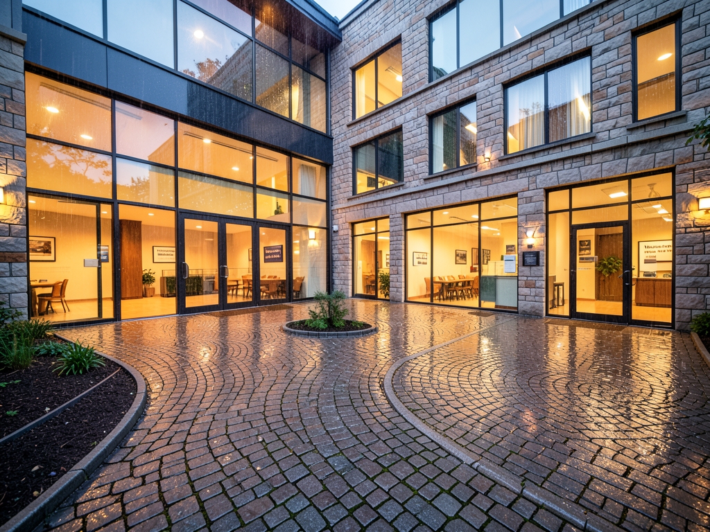 evening stone and glass insurance office courtyard with branching paths