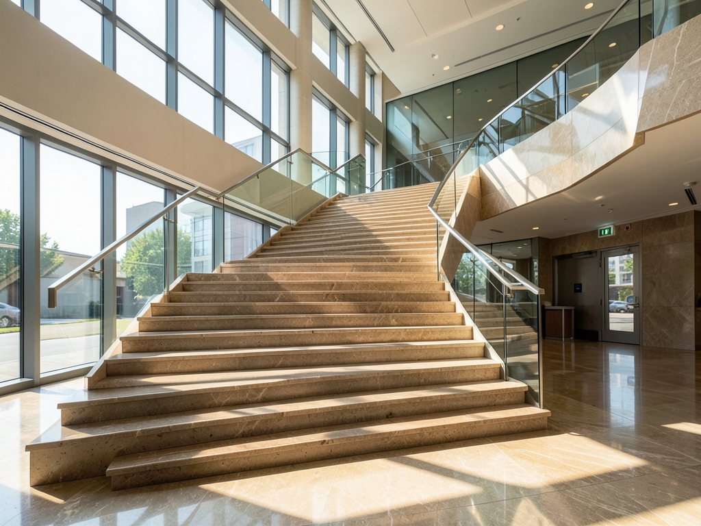 Sunlight filters through modern government atrium with polished