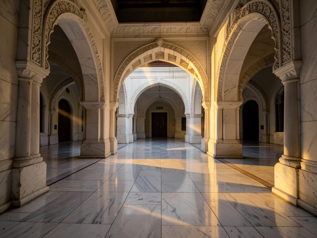 vast marble university courtyard golden hour thin shafts