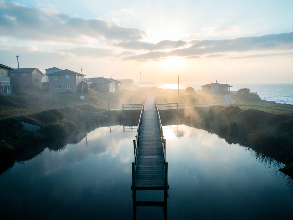 fog drenched coastal research campus dawn pale sunlight breaking