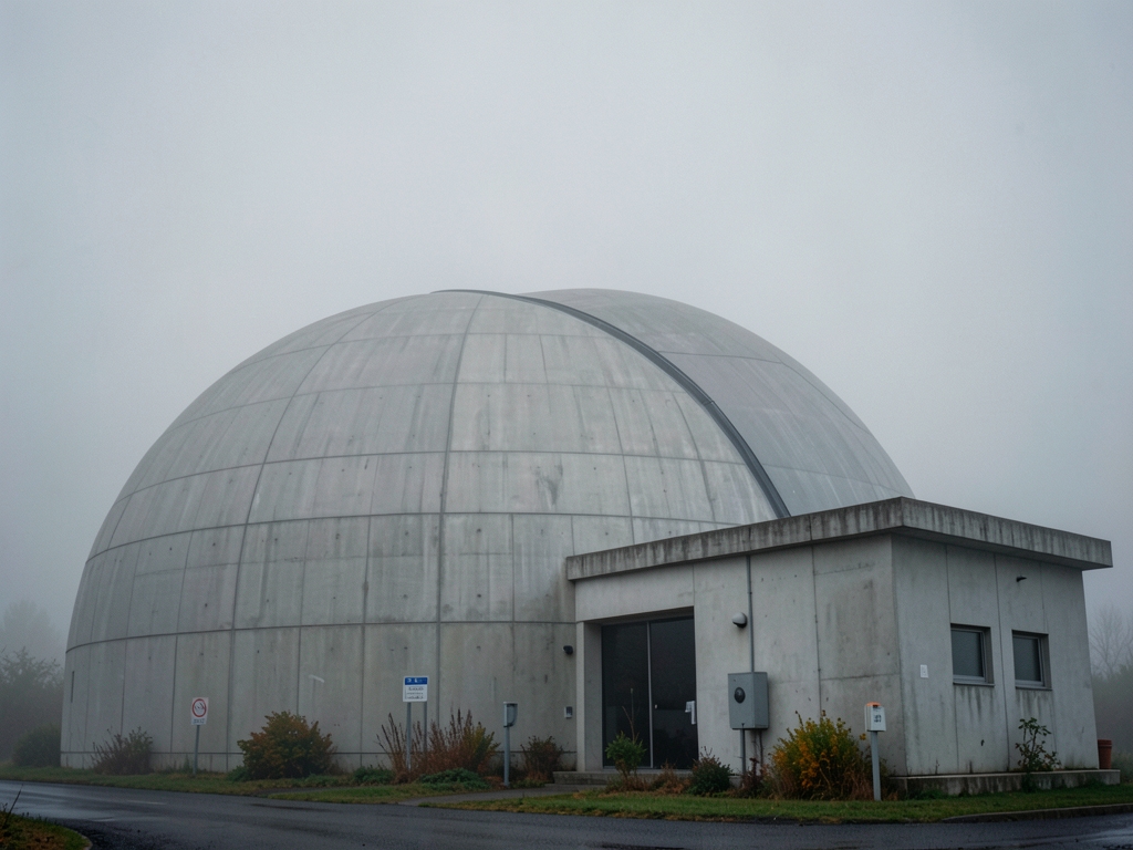 Compact reactor dome beside modest server building gray