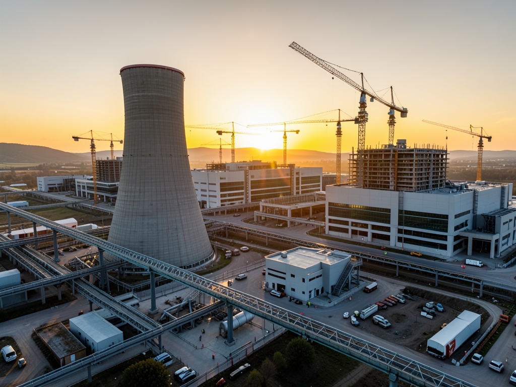Massive nuclear cooling towers sprawling data center campus under